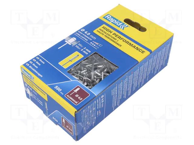 Rivet; aluminium; Rivet diam: 4mm; L.rivet: 8mm; 500pcs. RAPID RAP-HP-4/8-500
