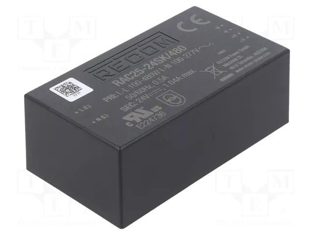 Converter: AC/DC; 25W; Uin: 85÷528VAC,120÷750VDC; Uout: 24VDC; 87% RECOM RAC25-24SK/480