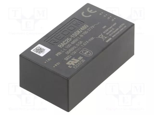 Converter: AC/DC; 25W; Uin: 85÷528VAC,120÷750VDC; Uout: 15VDC; 85% RECOM RAC25-15SK/480