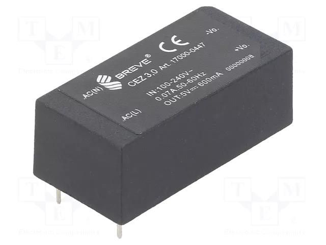 Converter: AC/DC; 3W; Uin: 85÷265VAC,120÷380VDC; Uout: 5VDC; OUT: 1 BREVE TUFVASSONS CEZ-3.0-230/5V