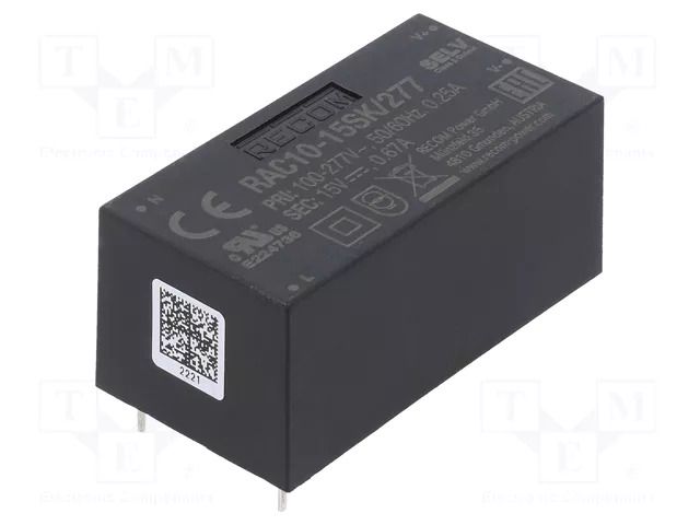 Converter: AC/DC; 10W; Uin: 85÷305VAC,120÷430VDC; Uout: 15VDC; 85% RECOM RAC10-15SK/277