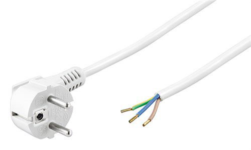 Angled Protective Contact Cable for Assembly, 5 m, White, (3*1 mm²), 5 m - safety plug hybrid (type E/F, CEE 7/7) 90° > Loose cable ends 93313