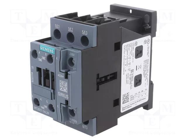 Contactor: 3-pole; NO x3; Auxiliary contacts: NO + NC; 230VAC; 32A SIEMENS 3RT2027-1AL20