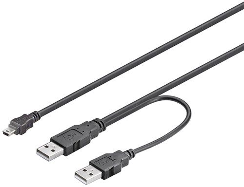 USB 2.0 Hi-Speed Dual-Power Cable, black, 0.6 m - USB 2.0 male (type A) + USB 2.0 male (type A) > USB 2.0 mini male (type B, 5-pin) 93587