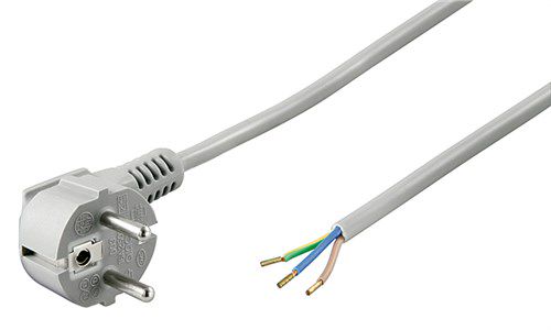 Angled Protective Contact Cable for Assembly, 1.5 m, Grey, (3*0.75 mm²), 1.5 m - safety plug hybrid (type E/F, CEE 7/7) 90° > Loose cable ends 93975