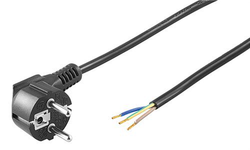 Angled Protective Contact Cable for Assembly, 1.5 m, Black, (3*0.75 mm²), 1.5 m - safety plug hybrid (type E/F, CEE 7/7) 90° > Loose cable ends 93976