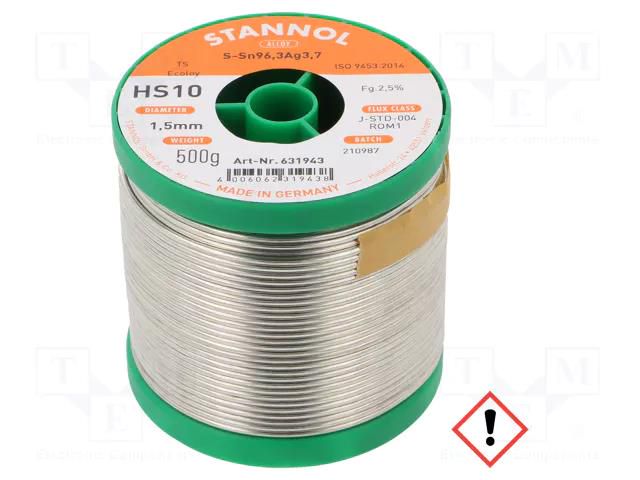 Tin; lead free; Sn96,3Ag3,7; 1.5mm; 0.5kg; reel; 221°C; Flux: SW26 STANNOL S96A4HS10/1.5/0.5