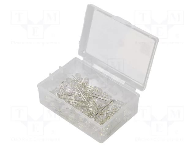 Kit: LED; THT; 5mm; 50pcs; white cold; plastic box; 7.5mA; 30° OPTOSUPPLY OKLEDT5050WAV