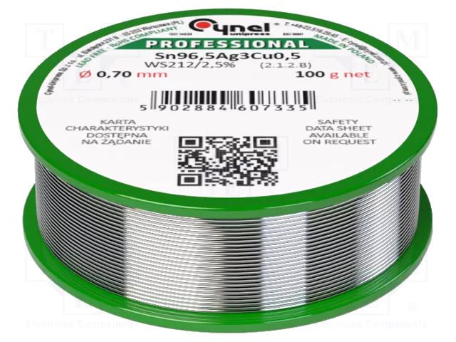 Tin; lead free; Sn96,5Ag3Cu0,5; 0.7mm; 100g; reel; 217÷220°C; 2.5% CYNEL SAC305-0.7/0.1WS