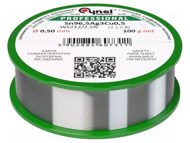 Tin; lead free; Sn96,5Ag3Cu0,5; 0.5mm; 100g; reel; 217÷220°C; 2.5% CYNEL SAC305-0.5/0.1WS