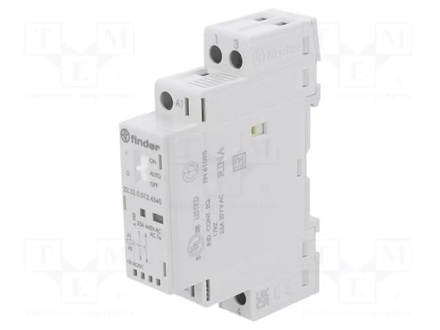 Contactor: 2-pole installation; 25A; 12VAC,12VDC; NO x2; IP20; 22 FINDER 22.32.0.012.4340