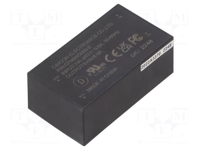 Converter: AC/DC; 20W; Uin: 90÷264VAC,120÷370VDC; Uout: 5VDC; 84% CINCON CFM20S050-E