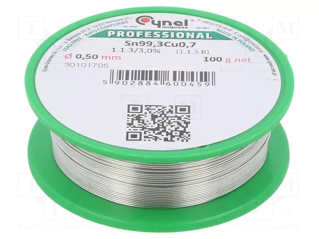 Tin; lead free; Sn99,3Cu0,7; 0.5mm; 100g; reel; 227°C; 3%; Flux: SW32 CYNEL SN99C-0.5/0.1