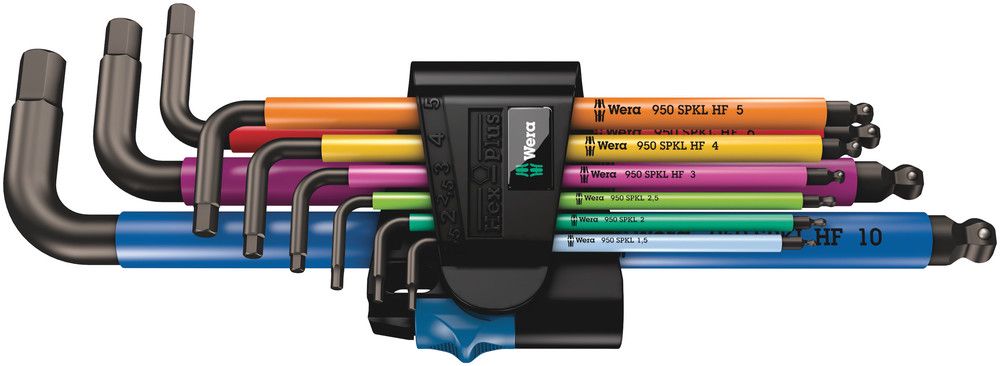 950/9 Hex-Plus Multicolour HF 1 L-key set, metric, BlackLaser, with holding function, 1 x 1.5x90; 1 x 2.0x101; 1 x 2.5x112; 1 x 3.0x123; 1 x 4.0x137; 1 x 5.0x154; 1 x 6.0x172; 1 x 8.0x195; 1 x 10.0x224, Wera 05022210001