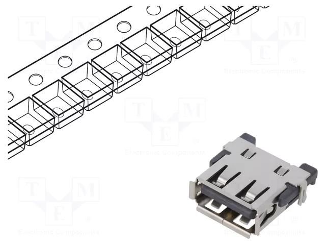 Connector: USB A; socket; SMT; PIN: 4; horizontal; USB 2.0; 1.5A GCT USB1055-GF-L-A