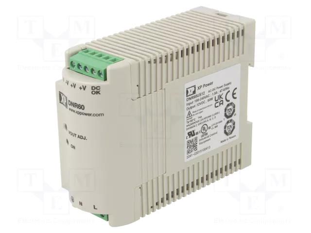 Power supply: switching; for DIN rail; 60W; 12VDC; 5A; 85÷264VAC XP POWER DNR60US12