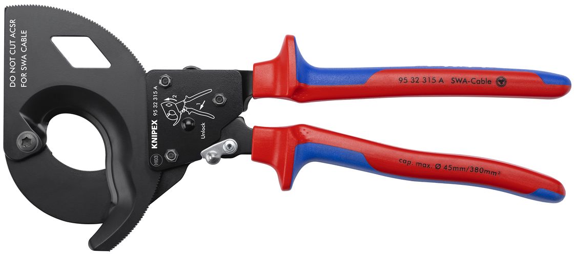 KNIPEX 95 32 315 A Cable Cutter (ratchet action) for steel wire armoured cables (SWA cable) with multi-component handles black lacquered 315 mm 95 32 315 A 4003773078562