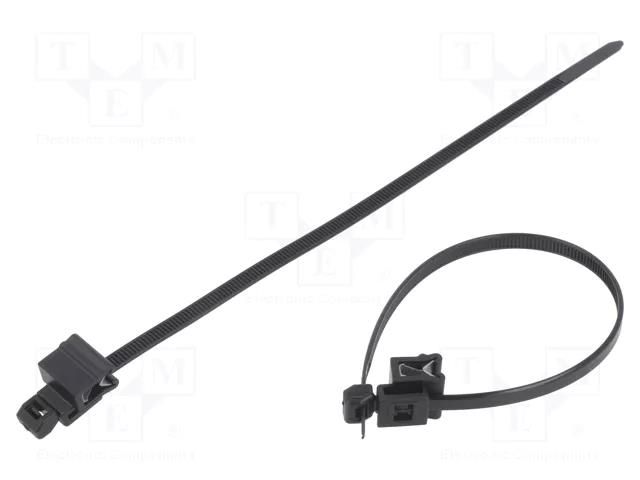 Cable tie; with fixing for edges; L: 200mm; W: 4.8mm; black; 230N PARTEX PKB-20048ECV-0