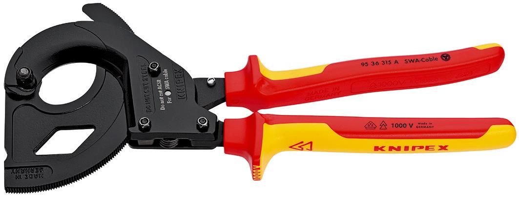 KNIPEX 95 36 315 A Cable Cutter (ratchet action) for steel wire armoured cables (SWA cable) insulated with multi-component grips, VDE-tested black lacquered 315 mm 95 36 315 A 4003773078579