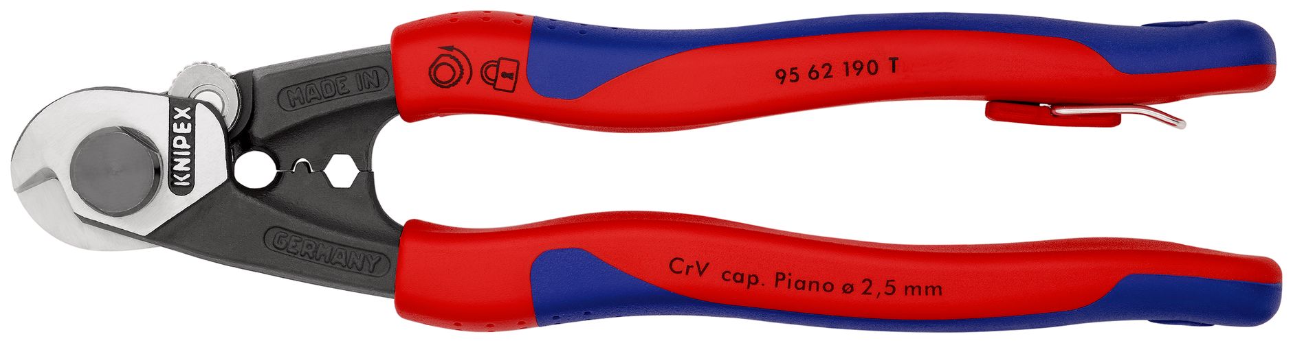 KNIPEX 95 62 190 T Wire Rope Cutter forged with multi-component grips, with integrated tether attachment point for a tool tether 190 mm 95 62 190 T 4003773080206