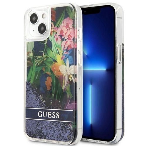 Guess GUHCP13SLFLSB iPhone 13 mini 5.4&quot; blue/blue hardcase Flower Liquid Glitter, Guess 3666339041236 3666339041236
