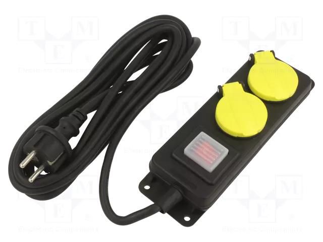 Extension lead; 3x1.5mm2; Schuko; Sockets: 2; rubber; black; 5m; 16A PLASTROL W-99484