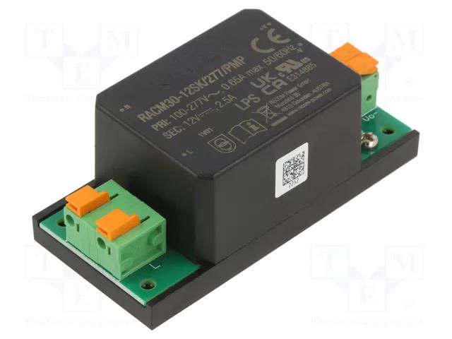 Power supply: switching; for building in; 30W; 12VDC; 2500mA; 90% RECOM RACM30-12SK/277/P