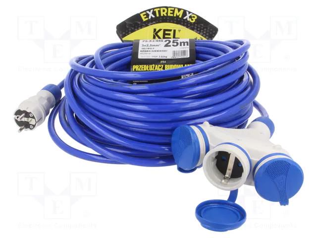 Extension lead; 3x2.5mm2; Sockets: 3; PUR; blue; 25m; 16A KEL W-01202