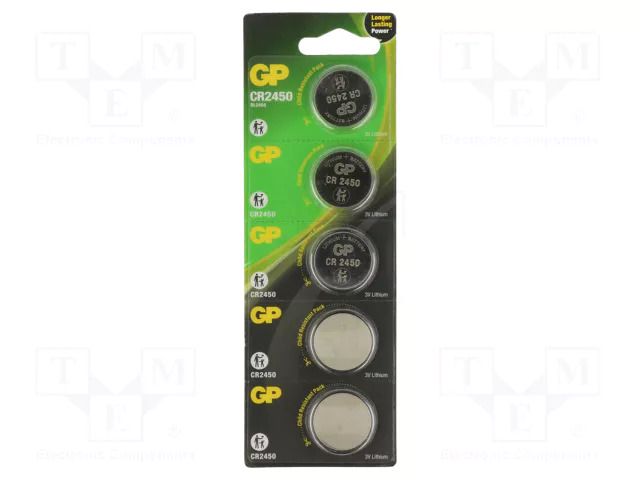 Battery: lithium; CR2450,coin; 3V; 610mAh; non-rechargeable; 5pcs. GP BAT-CR2450-2CPU5GP