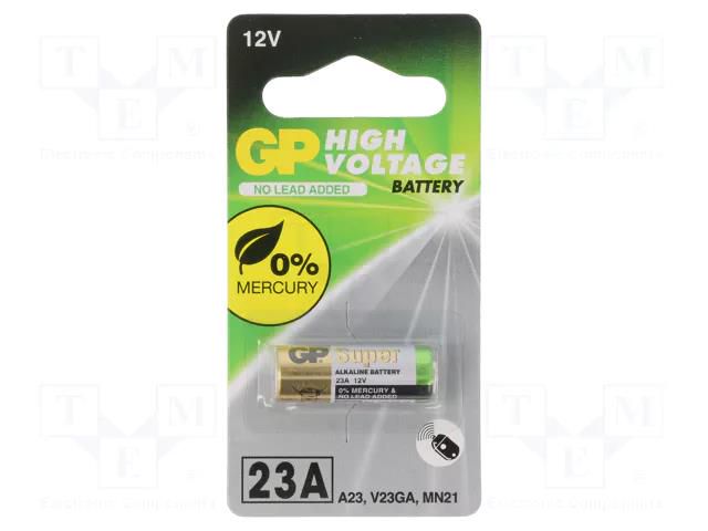 Battery: alkaline; 23A,8LR932; 12V; non-rechargeable GP BAT-23AF-U1-GP