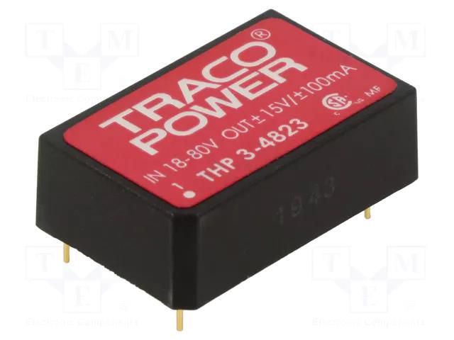 Converter: DC/DC; 3W; Uin: 18÷80VDC; Uout: 15VDC; Uout2: -15VDC; PCB TRACO POWER THP3-4823