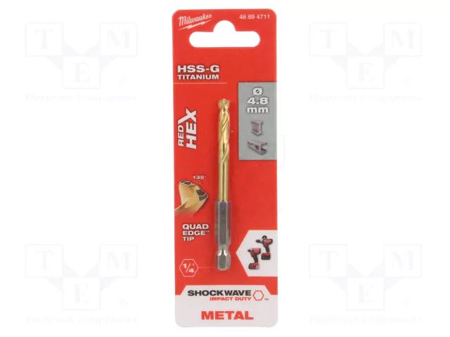 Drill bit; for metal,impact; Ø: 4.8mm; Holder: E6,3mm; 1/4"; 6.3mm Milwaukee MW-48894711