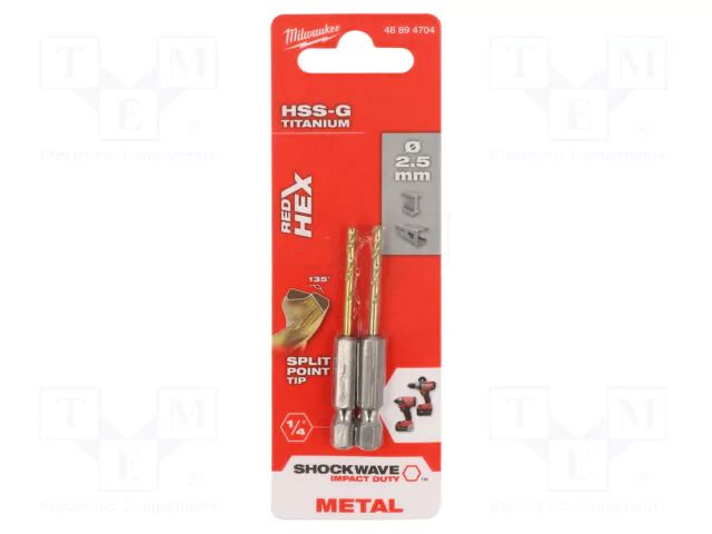 Drill bit; for metal,impact; Ø: 2.5mm; Holder: E6,3mm; 1/4"; 6.3mm Milwaukee MW-48894704