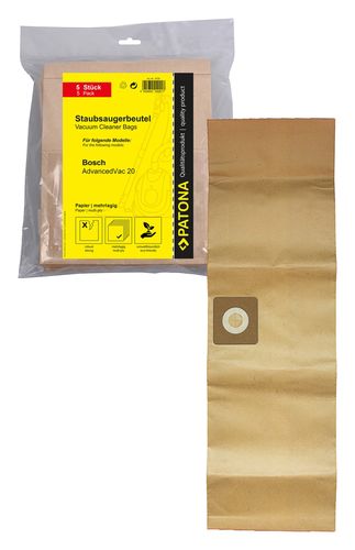 PATONA 5 vacuum cleaner bags multilayer paper incl. microfilter for Bosch AdvancedVac 20 2609256F33, PATONA 9725 4055655240017