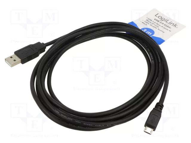 Cable; USB 2.0; USB A plug,USB B micro plug; nickel plated; 3m LOGILINK CU0059