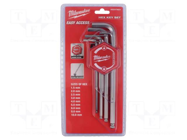 Wrenches set; hex key,spherical; long; 9pcs. Milwaukee MW-4932478621