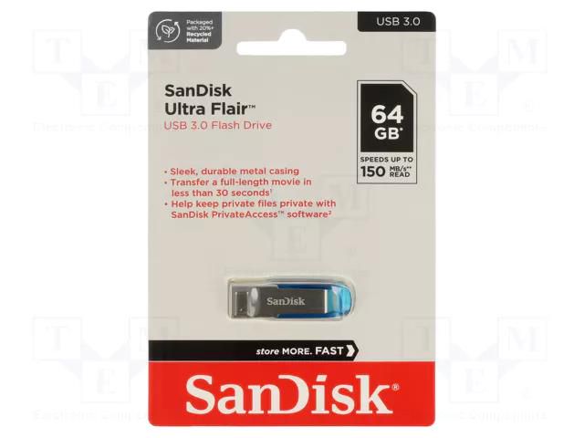 Pendrive; USB 3.0; 64GB; R: 150MB/s; ULTRA FLAIR; blue; USB A SANDISK SDCZ73-064G-G46B