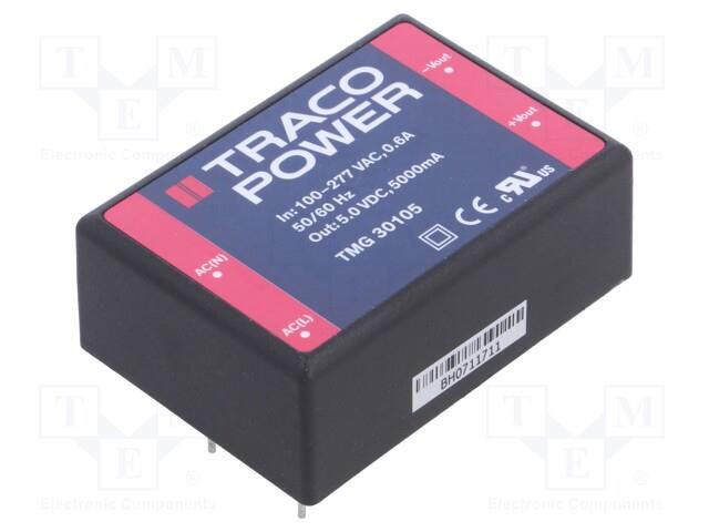 Converter: AC/DC; 25W; Uin: 90÷305VAC,120÷370VDC; Uout: 5VDC; 84% TRACO POWER TMG30105