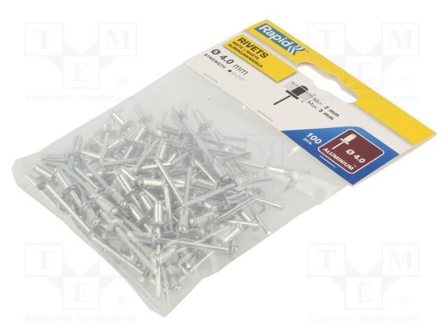 Rivet; aluminium; Rivet diam: 4mm; L.rivet: 8mm; 100pcs. RAPID RAP-4/8-100