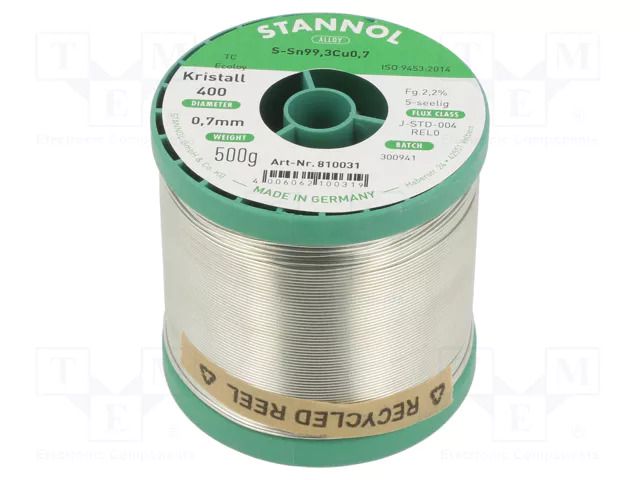 Tin; lead free; Sn99,3Cu0,7; 700um; 0.5kg; reel; 227°C; Flux: SW33 STANNOL S99C1K400/0.7/0.5