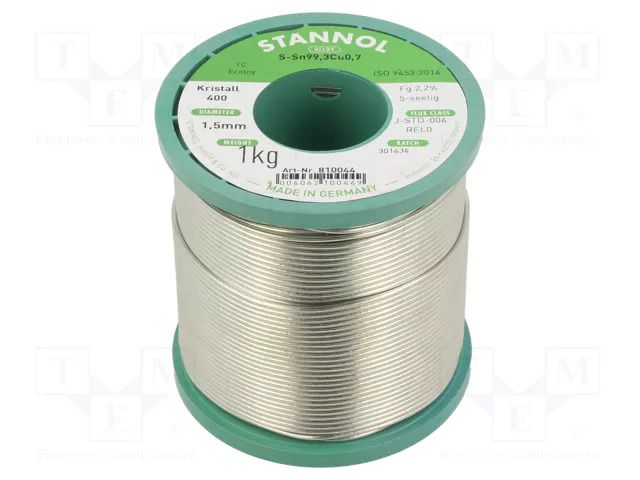 Tin; lead free; Sn99,3Cu0,7; 1.5mm; 1kg; reel; 227°C; Flux: SW33 STANNOL S99C1K400/1.5/1.0