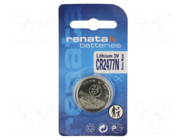Battery: lithium; CR2477N; 3V; 950mAh; non-rechargeable RENATA BAT-CR2477N/RE-B