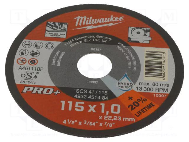 Cutting wheel; Ø: 115mm; Disc thick: 1mm; Holder: assembly hole Milwaukee MW-4932451484