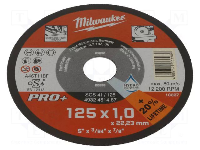 Cutting wheel; Ø: 125mm; Disc thick: 1mm; Holder: assembly hole Milwaukee MW-4932451487
