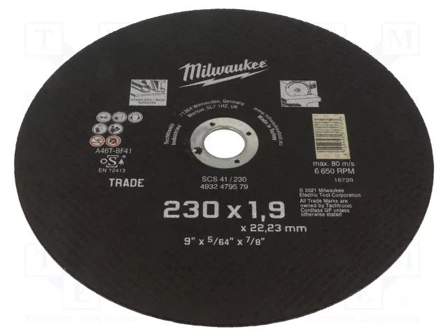 Cutting wheel; Ø: 230mm; Disc thick: 1.9mm; steel; 22.2mm Milwaukee MW-4932479579