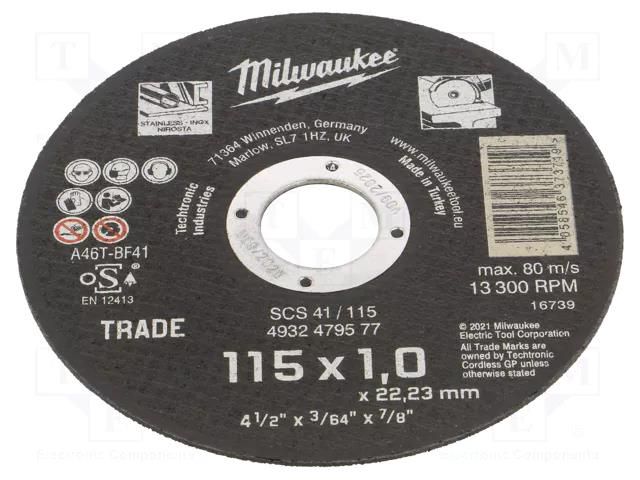 Cutting wheel; Ø: 115mm; Øhole: 22.2mm; Disc thick: 1mm; steel Milwaukee MW-4932479577