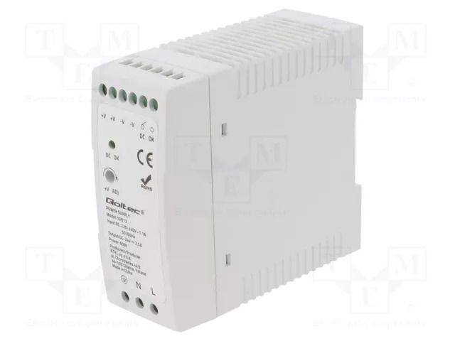 Power supply: switching; for DIN rail; 60W; 24VDC; 2.5A; IP20; 86% QOLTEC QOLTEC-50913