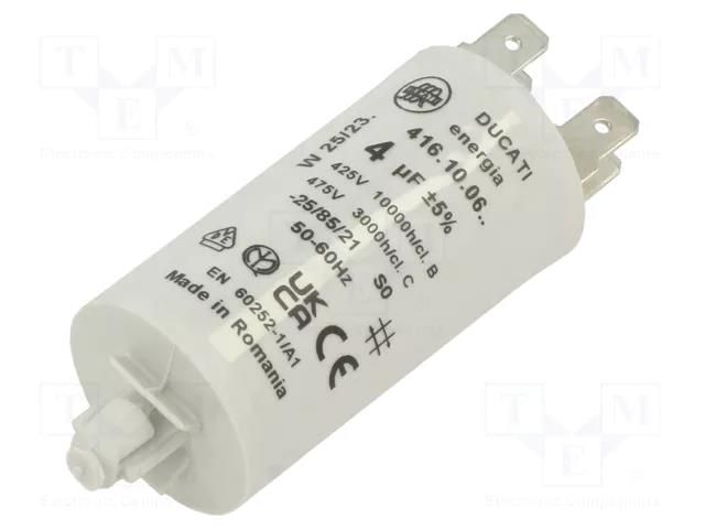 Capacitor: polypropylene; motors, run; 4uF; 400VAC; Ø28x55mm; ±5% DUCATI ENERGIA 4.16.10.06.71