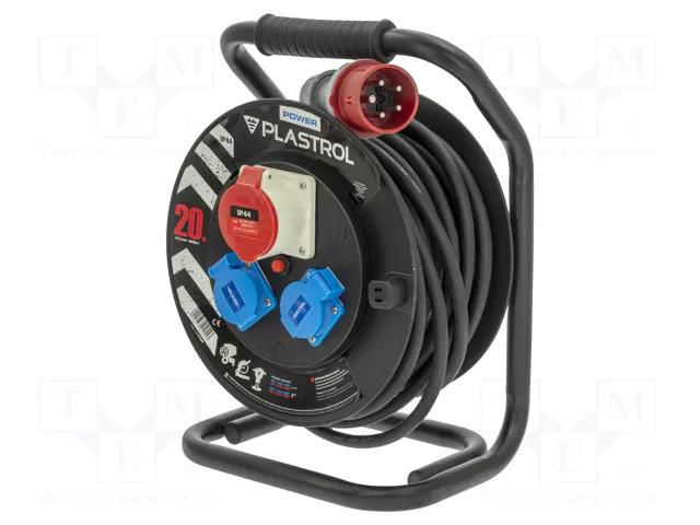 Extension lead; 5x1.5mm2; Sockets: 3; rubber; black; 20m; 16A; POWER PLASTROL W-99243