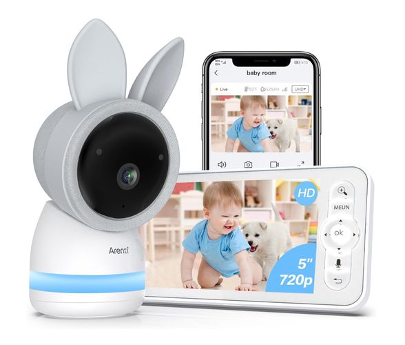 Камера наблюдения за ребенком 3MP 2K, с 5-дюймовым экраном WiFi PTZ 355° ИК ночного видения, ночной свет, колыбельные, датчик температуры и влажности AINANNY2 6974935721719
